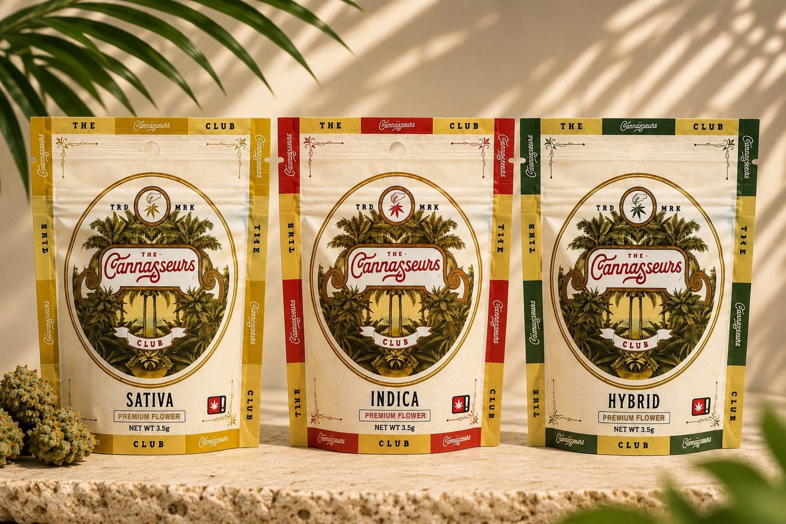Cannasseurs branded 3.5g mylar bags — Sativa, Indica, Hybrid